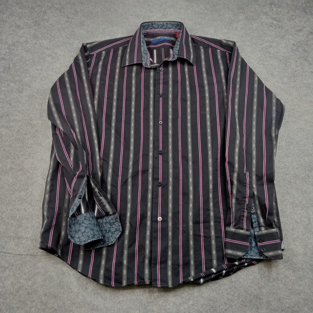 Robert Graham Shirt Mens L/XL Black Stripe 100% Cotton Button Front Long Sleeve